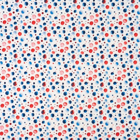 SINGER White Base with Red & Blue Watercolor Dots Print Ringspun Cotton Fabric